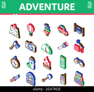 Adventure Isometric Elements Icons Imposta vettore Illustrazione Vettoriale