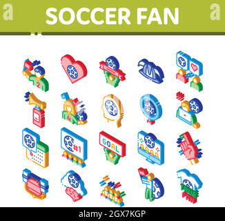 Attributi del ventilatore di calcio icone isometriche Imposta vettore Illustrazione Vettoriale