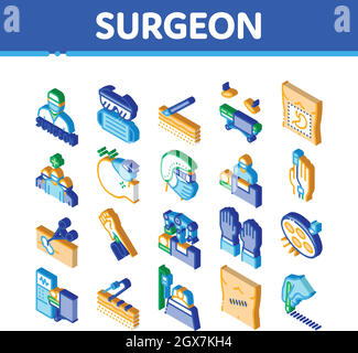 Chirurgo medico medico Isometrica icone impostare vettore Illustrazione Vettoriale