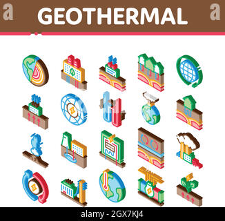 Icone isometriche di energia geotermica Imposta vettore Illustrazione Vettoriale