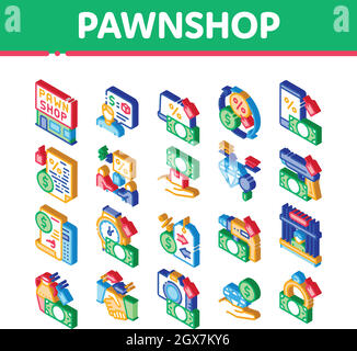 Pawnshop Exchange Isometrica icone Imposta vettore Illustrazione Vettoriale
