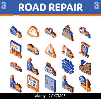 Vettore set icone di riparazione stradale e costruzione Illustrazione Vettoriale