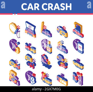 Auto Crash incidente icone isometriche Set Vector Illustrazione Vettoriale