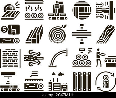 Impianto di produzione legno Glyph Set Vector Illustrazione Vettoriale