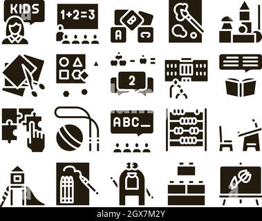 Vettore set Glyph Education Preschool Illustrazione Vettoriale