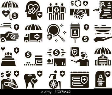 Vettore Set Glyph di assicurazione sanitaria Illustrazione Vettoriale