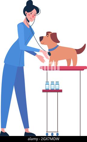 Illustrazione con un veterinario che si prende cura del cane. Vettore in stile piatto isolato su sfondo bianco. Clinica Vet. Illustrazione Vettoriale