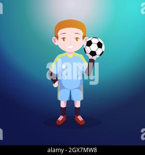 Little Boy Bambini Kid in piedi Ball Calcio Vector Cartoon Illustrazione Vettoriale