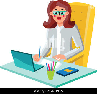 Economista Businesswoman che lavora su laptop Vector Illustration Illustrazione Vettoriale