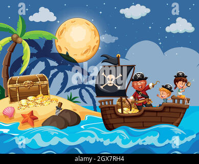 Pirata e bambini trovare tesoro Illustrazione Vettoriale