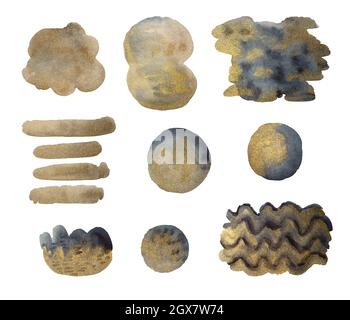 Golden add Indigo acquerello forme astratte isolate su sfondo bianco. Set di elementi decorativi di design. Foto Stock