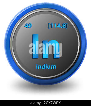 Elemento chimico indio. Simbolo chimico con numero atomico e massa atomica. Illustrazione Vettoriale