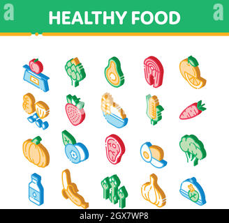 Set di icone isometriche per il vettore di alimenti sani Illustrazione Vettoriale