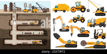 Settore minerario del carbone con diversi tipi di autocarri da costruzione Illustrazione Vettoriale