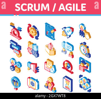 Icone isometriche Agile Scrum Imposta vettore Illustrazione Vettoriale