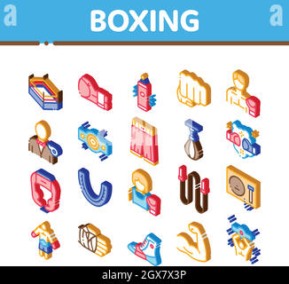 Strumento Boxing Sport icone isometriche Imposta vettore Illustrazione Vettoriale