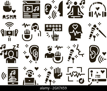 Fenomeno sonoro ASMR Glyph Set Vector Illustrazione Vettoriale