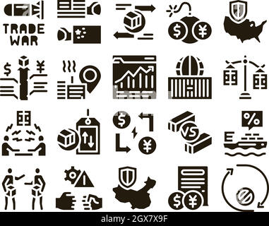 Trade War Business Glyph Set Vector Illustrazione Vettoriale