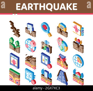 Icone isometriche di terremoto Disaster Imposta vettore Illustrazione Vettoriale