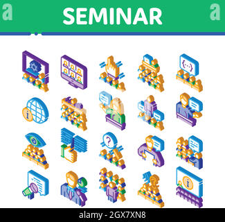 Icone isometriche della conferenza del seminario Imposta vettore Illustrazione Vettoriale