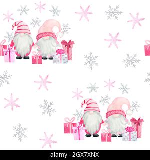 Acquerello senza cuciture con gnomes nordico pastello rosa. Natale nuovo anno regali fiocchi di neve alberi, baby ragazza disegno inverno celebrazione stampa per la carta di avvolgimento tessile Foto Stock