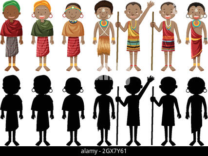 Popoli etnici di tribù africane in abbigliamento tradizionale Illustrazione Vettoriale