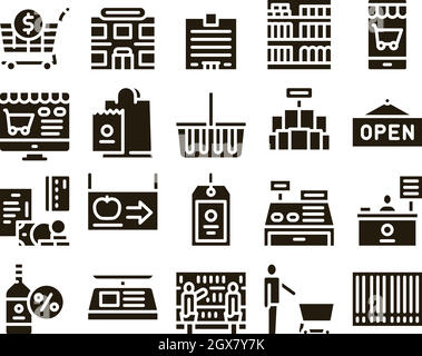 Negozio di alimentari Shopping Glyph Set Vector Illustrazione Vettoriale