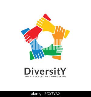 diversità e unione logo. persone rete insieme pentagono mani Illustrazione Vettoriale