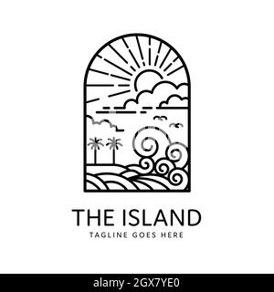 isola tropicale sole splendente estate spiaggia badge design monolinea Illustrazione Vettoriale