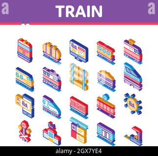 Vettore set icone isometriche trasporto ferroviario Illustrazione Vettoriale
