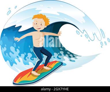 Un giovane Surfer Surfing una grande onda Illustrazione Vettoriale