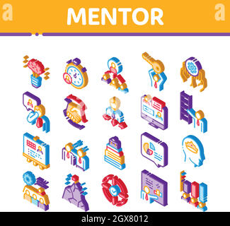 Rapporto mentore icone isometriche Imposta vettore Illustrazione Vettoriale