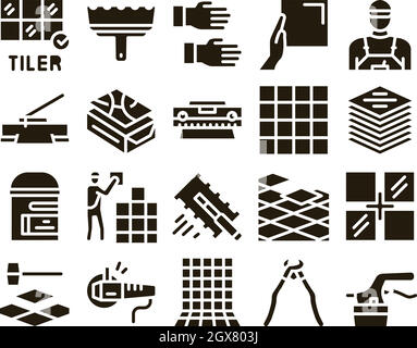 Tiler Work Equipment Glyph Set Vector Illustrazione Vettoriale