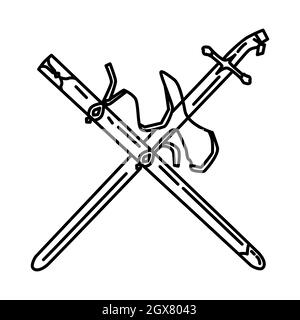 Spada storica di hazrat Usman ibn Affan parte di oggetti storici musulmani icona disegnata a mano set Vector. Illustrazione Vettoriale