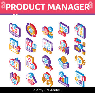 Icone isometriche di lavoro di Product Manager Imposta vettore Illustrazione Vettoriale