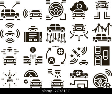 Smart Car Technology Glyph Set Vector Illustrazione Vettoriale