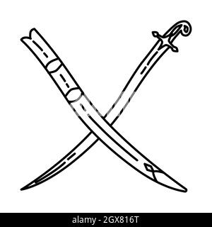 Shamshir Sword turco islamico parte di oggetti storici musulmani disegno a mano icona set Vector. Illustrazione Vettoriale