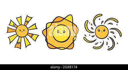 Sole divertente con occhi e sorrisi. Il sole giallo sorride i volti in stile doodle. Illustrazione vettoriale in bianco e nero isolata su sfondo bianco Illustrazione Vettoriale