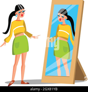 Girl Fashion Character Watch in Specchio Vector Illustrazione Vettoriale