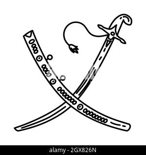 Spada di Stato ottomana parte di oggetti storici musulmani disegno a mano icona set Vector. Illustrazione Vettoriale