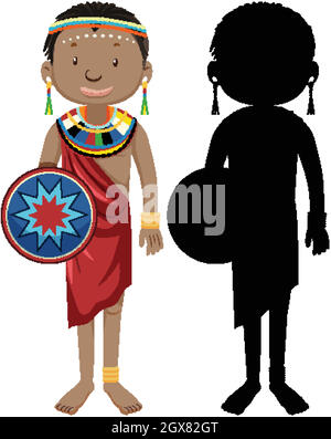 Set di personaggi di tribù africane con la sua silhouette Illustrazione Vettoriale