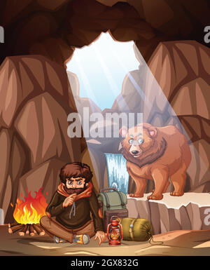 Un uomo che si accampa nella caverna dell'orso Illustrazione Vettoriale