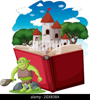 Goblin o troll personaggio cartoon con un libro di storia Illustrazione Vettoriale