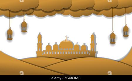Sfondo di stile islamico in carta arte taglio stile design per eventi islamici come Ramadan, Muharram nuovo anno, Milad un nabi Illustrazione Vettoriale