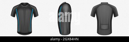 Maglia ciclabile, t-shirt nera vettoriale, abbigliamento sportivo vista anteriore, laterale e posteriore. Abbigliamento sportivo, camicia con modello a maniche corte isolato su sfondo trasparente, illustrazione 3d realistica Illustrazione Vettoriale