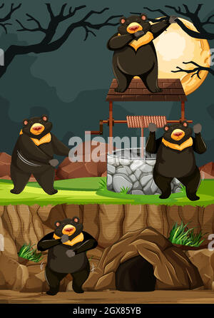 Wild Bears gruppo in molte pose in stile cartoon parco animale sullo sfondo notturno Illustrazione Vettoriale