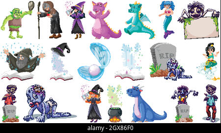 Set di personaggi fantasy cartoon e tema fantasy isolato su sfondo bianco Illustrazione Vettoriale