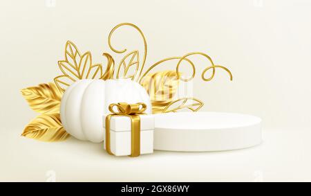 3d realistico zucca d'oro bianco con foglie d'oro, podio prodotto e confezione regalo isolato su sfondo bianco. Sfondo di ringraziamento con zucche Illustrazione Vettoriale