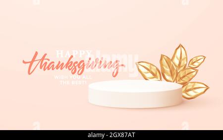 Scena per un prodotto commerciale con foglie d'oro autunnali. Podio del prodotto Design 3D moderno e realistico. Lo sfondo della vendita autunnale. Illustrazione vettoriale Illustrazione Vettoriale