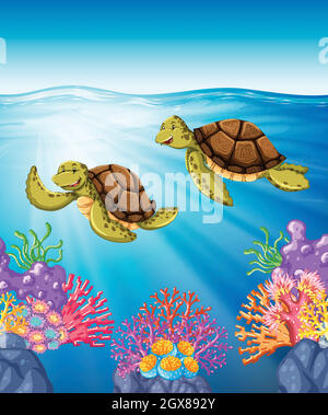 Due tartarughe che nuotano sotto il mare Illustrazione Vettoriale